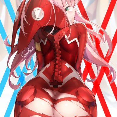 ass, ass focus, back view, behind view, big ass, bodysuit, darling in the franxx, gainoob, green eyes, heavenly ass, horns, huge ass, long ears, looking at viewer, looking back