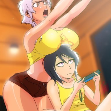 2girls, age difference, annoyed, bare legs, bare shoulders, barefoot, between breasts, big breasts, black hair, bleach, braids, breast envy, breast size difference, breasts, breasts on head