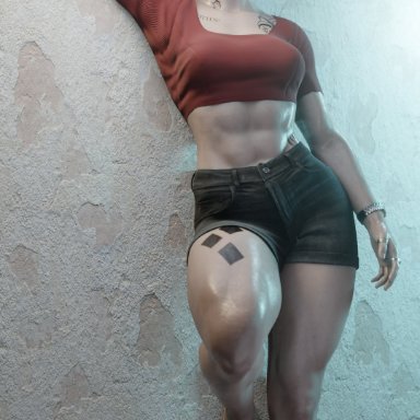 2020s, 2021, abs, against wall, anti-heroine, black bottomwear, clothed female, crop top, dc, dc comics, denim shorts, dyed hair, female, harley quinn, human