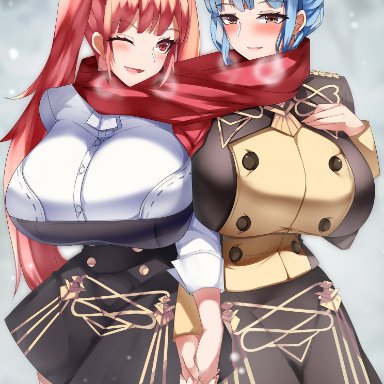 2girls, :d, ;d, bangs, bare thighs, blue hair, blush, braid, breasts, brown eyes, crown braid, dress, female only, fire emblem, fire emblem: three houses