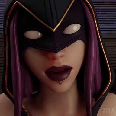 1boy, 1girls, animated, big breasts, dc, dc comics, faceless male, fortnite, huge breasts, piercing, pov, purple hair, rachel roth, rapid banana, raven (dc)