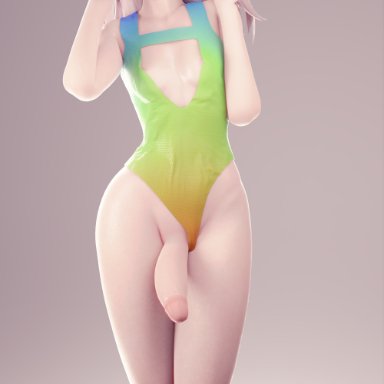 1futa, 3d, blonde hair, d.va, futa only, futanari, human, leotard, light-skinned futanari, light skin, long hair, moonroomoom, overwatch, pale skin, penis