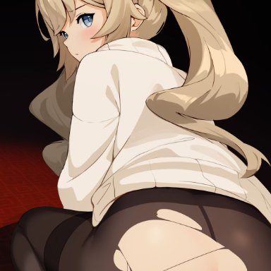 1girls, anus, ass, barbara (genshin impact), barefoot, big ass, black legwear, blonde hair, blue eyes, blush, ett, fake horns, female, female only, genshin impact