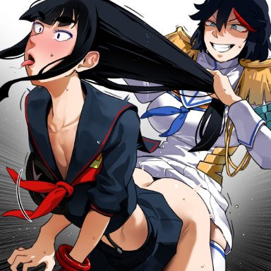 1futa, 1girls, ambiguous penetration, bakkanki, bent over, black hair, clothed, clothing, clothing swap, duo, female, from behind, from behind position, futa on female, futanari