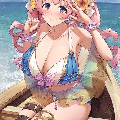 bangs, bare shoulders, bikini, blue bikini, blush, boat, bracelet, breasts, cleavage, closed mouth, collarbone, eyebrows visible through hair, female, flower, hair flower