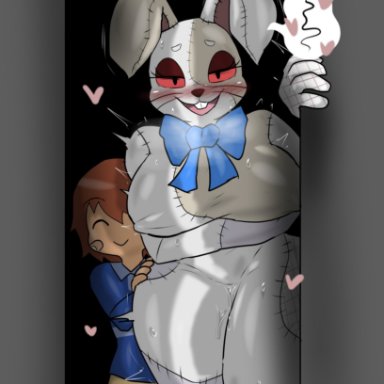 blue bow, blush, bunny ears, bunnysuit, enigi09, gregory (fnaf), heart, implied sex, maledom, older male, vanny (fnaf), wave, younger male