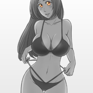 1girls, big breasts, bleach, bra, breasts, brown eyes, curvy, curvy figure, female, female only, greyscale, inoue orihime, lingerie, long hair, looking at viewer