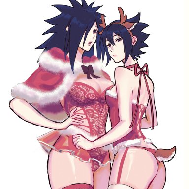 2girls, ass, ass focus, bare arms, bare shoulders, black eyes, blue hair, christmas, crossdressing, duo, duo focus, fake animal ears, fake antlers, fake tail, femboy