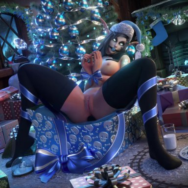 1girl, 3d, 4k, anal insertion, animated, ball gag, big breasts, blender, blood elf, blue eyes, christmas, christmas decorations, christmas hat, christmas tree, cookie