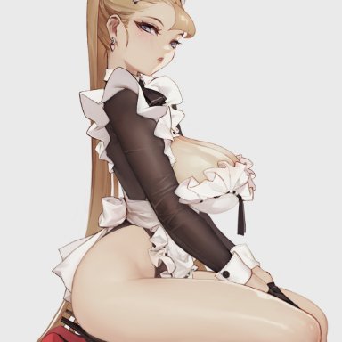 blonde hair, blue eyes, breasts, cleavage, duto, dutomaster, ear piercing, earrings, headband, high heels, hips, kneeling, long hair, looking at viewer, maid