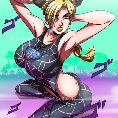 jojo's bizarre adventure, stone ocean, instagram, jolyne kujo, 1girl, 1girls, rakara11, arms up, arms behind head, armpits, armpit fetish, big breasts, big boobs, dat ass, solo female