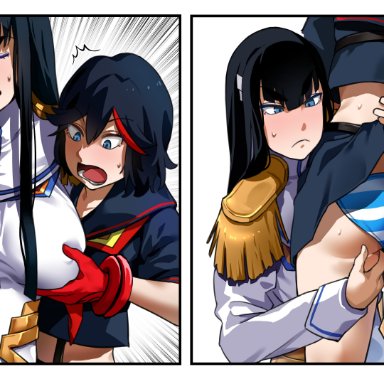 2girls, ass, bakkanki, big breasts, blush, breast grab, breasts, female, female only, gloves, kill la kill, kiryuuin satsuki, matoi ryuuko, panties, pantyshot