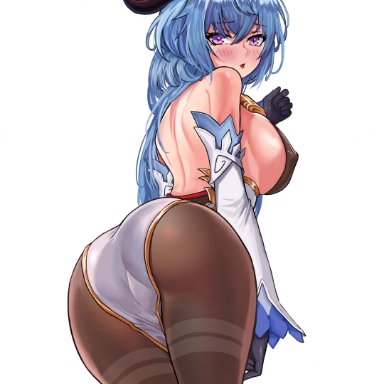 1girls, absurdres, ahoge, ass, back, bare shoulders, big ass, big breasts, black legwear, blue hair, blush, breasts, covered erect nipples, cowbell, ganyu (genshin impact)