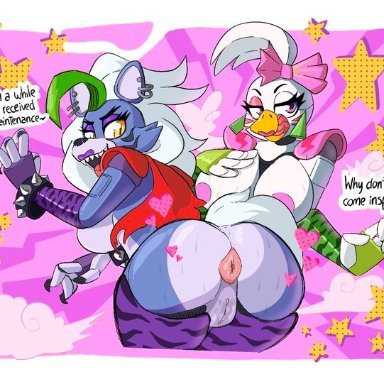 2girls, 80's theme, animatronic, anthro, anus, ass, beak, big ass, big breasts, big butt, bird, black nose, bow tie, bracelet, breasts