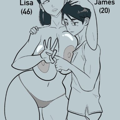 1boy, 1girls, age difference, areolae, breasts, clothed male, curvy female, earrings, female, half-closed eyes, hand on another's head, hourglass figure, jopuari, large breasts, looking at viewer