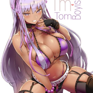 bb (fate), bb (swimsuit mooncancer) (fate), bikini, blush, breasts, cleavage, earrings, english text, fate/grand order, fate (series), female, fingerless gloves, gloves, gyaru, high heels