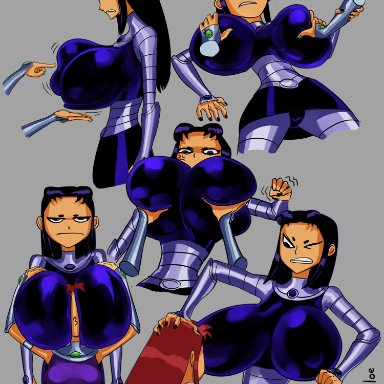 2girls, alien, alien girl, alternate breast size, angry, annoyed, armor, big breasts, black fingernails, black hair, blackfire, breasts bigger than head, face between breasts, face in breasts, goth