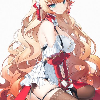 1girls, azur lane, backless outfit, bangs, blonde hair, blush, bondage, bound wrists, choker, christmas, cleavage, curly hair, detached sleeves, eyeshadow, feet