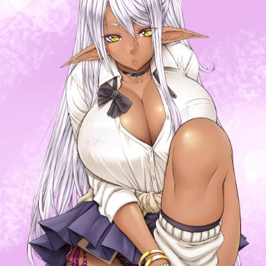 dark-skinned female, elf, green eyes, gyaru, kutani, pointy ears, school uniform, white hair