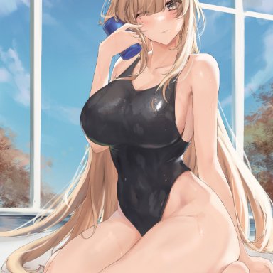 1girls, absurd res, aoiichimaki (cmk333), arm at side, bangs, bare legs, bare shoulders, bent knees, bianca (punishing: gray raven), black swimsuit, blonde hair, blue sky, blunt bangs, blush, breasts