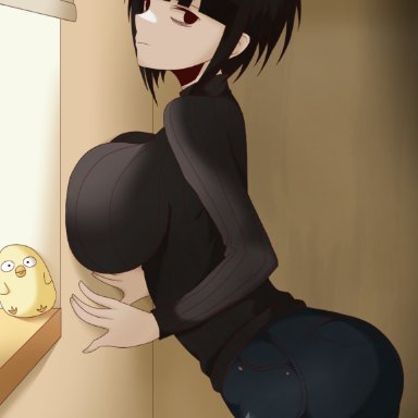 1girls, ass, big bird (blossom hope), black eyes, black hair, blossom hope, breast press, breasts, clothed, clothing, large breasts, looking at viewer, pantyhose, plushie, short hair
