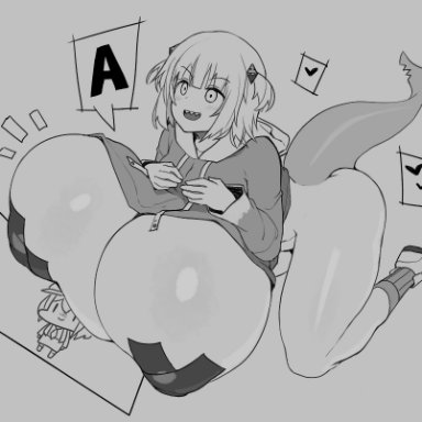 big breasts, blush, gawr gura, gigantic breasts, heart, hololive, hoodie, huge breasts, large breasts, monochrome, open mouth, pasties, shark tail, sharp teeth, sinensian