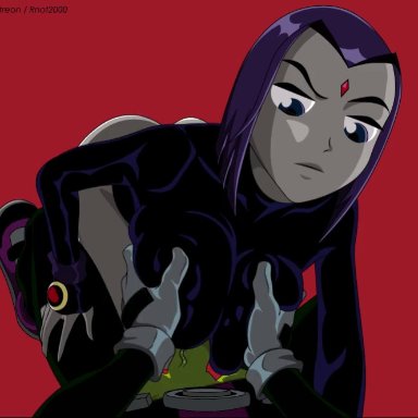 1boy1girl, 2d, animated, beast boy, breasts, clothing, cum, dc comics, disinterested, emotionless, expressionless, female, green body, male/female, medium hair