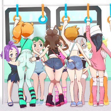 8girls, acerola (pokemon), armpits, ass, asymmetrical hair, back, bea (pokemon), bianca (pokemon), blue hair, breasts, brown hair, clothed, clothing, creatures inc., dawn (pokemon)