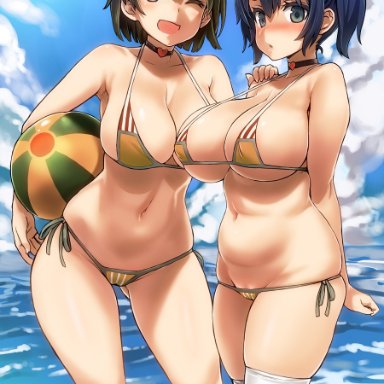 2girls, :d, :o, ;d, alternate costume, arms behind back, asanagi, ball, bare shoulders, beach, beachball, belly, bikini, black eyes, black hair