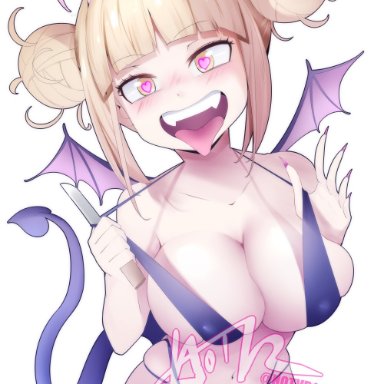 1girls, bangs, bikini pull, blonde hair, blush, demon, demon girl, demon horns, demon tail, demon wings, fangs, hair bun, heart, heart-shaped pupils, himiko toga