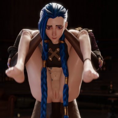 1girls, 3d (artwork), anal, anal penetration, animated, arcane, blender, blue hair, female, full nelson, jinx (league of legends), league of legends, legs apart, legs up, long hair