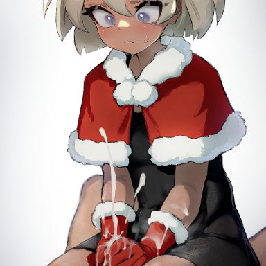 1girls, after sex, bea (pokemon), christmas, christmas clothing, christmas outfit, cum, cum on gloves, cum on thighs, cumshot, female, gloves, handjob, hi res, high resolution