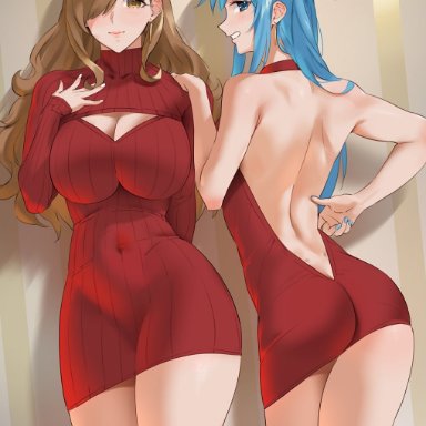 2girls, aqua (konosuba), blue hair, blue nails, brown hair, clothing, earrings, kono subarashii sekai ni shukufuku wo!, nail polish, red dress, sendrawz, tight clothing, wiz (konosuba)