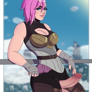 league of legends, vi, supercakes, 1futa, big penis, breasts, bulge, cleavage, cleavage cutout, clothed, clothing, futa only, futanari, human, light-skinned futanari