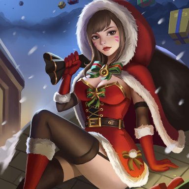 blizzard entertainment, christmas, overwatch, d.va, kouq98, 1girls, asian female, ass, bare thighs, boots, brown eyes, brown hair, busty, christmas outfit, cleavage