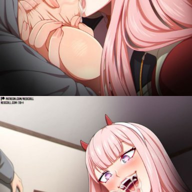 darling in the franxx, zero two (darling in the franxx), neocoill, blush, blushing, closed eyes, cum, cum inside, cum on face, cum on penis, cumshot, deepthroat, grabbing penis, heart-shaped pupils, horn