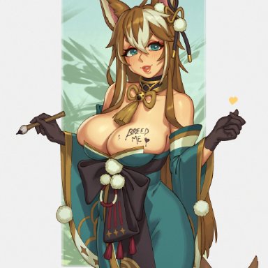 genshin impact, gorou (genshin impact), ms.hina (costume), rizdraws, 1girls, animal ears, blush, body writing, breasts, brown hair, brush, choker, cleavage, female, female only