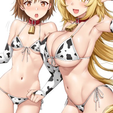 to aru kagaku no railgun, to aru majutsu no index, misaka mikoto, shokuhou misaki, yakimi 27, 1girls, bell, big breasts, blonde hair, blush, bra, breasts, brown hair, collar, cow print