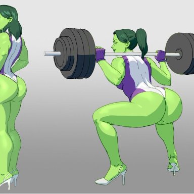 marvel, jennifer walters, she-hulk, whargleblargle, 1girls, ass, big ass, big breasts, female, female only, fingerless gloves, green eyes, green hair, green skin, high heels