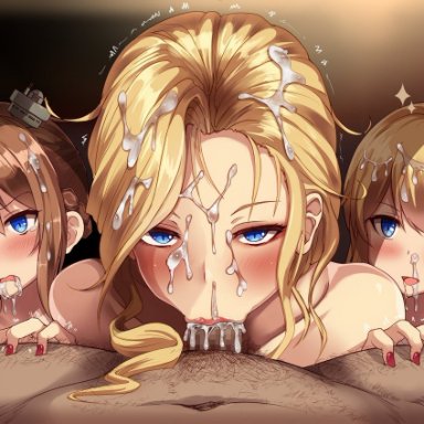 azur lane, hood (azur lane), renown (azur lane), repulse (azur lane), hot melon, 3girls, bangs, blonde hair, blue eyes, blush, braid, brown hair, collarbone, crown braid, cum