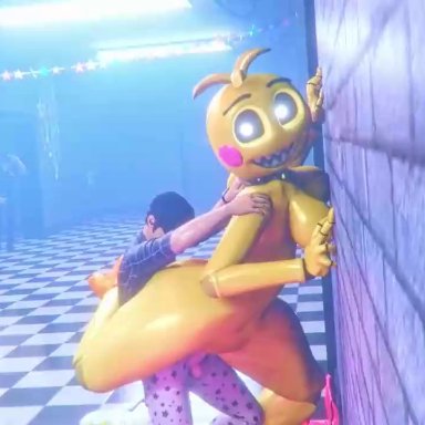 five nights at freddy's, five nights at freddy's 2, toy chica (fnaf), super elon, against wall, all fours, animatronic, big ass, big breasts, big penis, glowing eyes, human, human penetrating, large ass, on wall