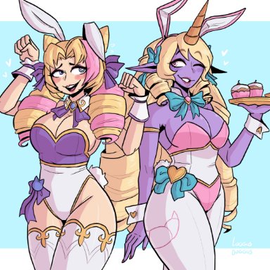 cafe cuties series, league of legends, cafe cutie gwen, cafe cutie soraka, gwen (league of legends), soraka, loggus doggus, twindrills, bunny ears, bunnysuit, holding object, holding plate, horn, purple skin