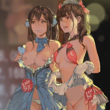 original, hjl, 2girls, auction, bandaid, bandaids on nipples, bikini, breasts, brown hair, cleavage, clothes pull, dress, female, for sale, hair ornament