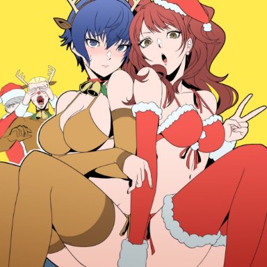 persona, persona 4, kanji tatsumi, kujikawa rise, shirogane naoto, yu nurukami, igusaharu, arm sleeves, bells, blush, bra, breasts, collar, legwear, reindeer