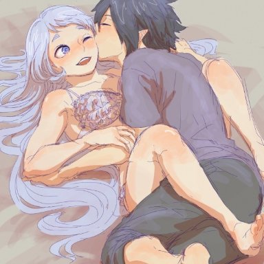 my hero academia, nejire hado, tamaki amajiki, 1boy1girl, blue eyes, blue hair, bra, clothed male, elf ears, embrace, embracing, feet, female, happy, hugging