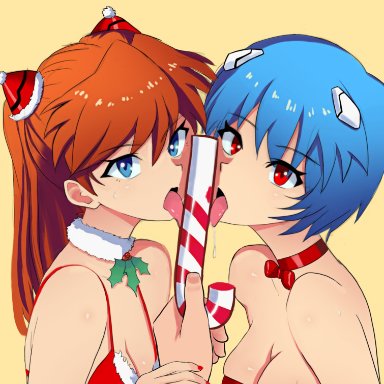 christmas, neon genesis evangelion, asuka langley sohryu, rei ayanami, rynessart, 1boy, 2girls, breasts, candy cane, licking, looking at viewer, saliva