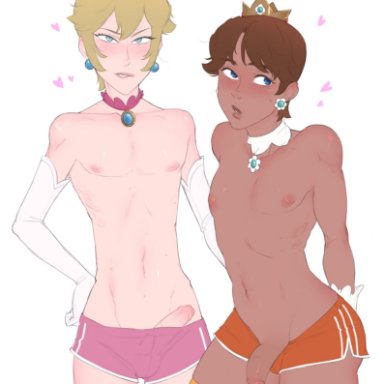 mario (series), super mario bros., princess daisy, princess peach, haruhssment, 2boys, blush, crossdressing, crown, elbow gloves, femboy, genderswap (ftm), girly, penis, penis out