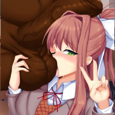 doki doki literature club, morris, 1boy, 1girls, ball lick, ball sucking, ball worship, ballsack, bangs, big balls, big penis, brown hair, close-up, closed, dark-skinned male