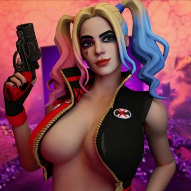 dc, dc comics, fortnite, harley quinn, hrstudio, big breasts, bouncing breasts, breasts, exposed breasts, looking at viewer, no bra, seductive, seductive smile, 3d, animated