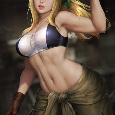 fullmetal alchemist, winry rockbell, neoartcore, 1girls, abs, armpits, athletic female, bangs, bare arms, bare midriff, bare shoulders, belly button, big breasts, blonde hair, blue eyes